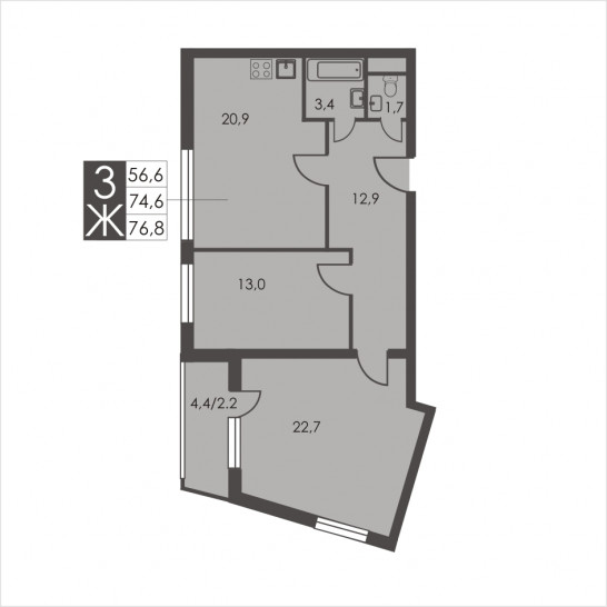Трёхкомнатная квартира 76.8 м²