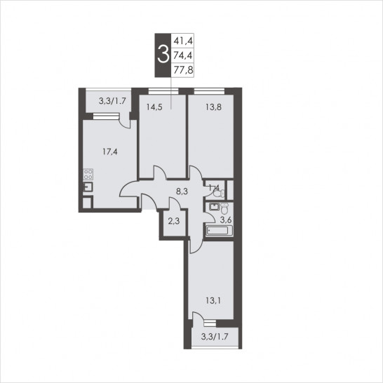 Трёхкомнатная квартира 77.8 м²
