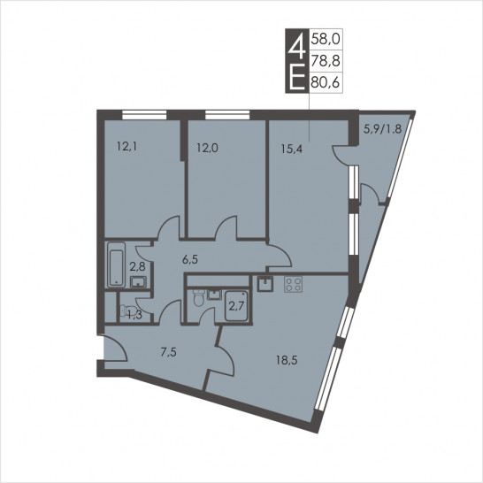 Трёхкомнатная квартира 80.6 м²