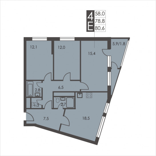 Трёхкомнатная квартира 80.6 м²